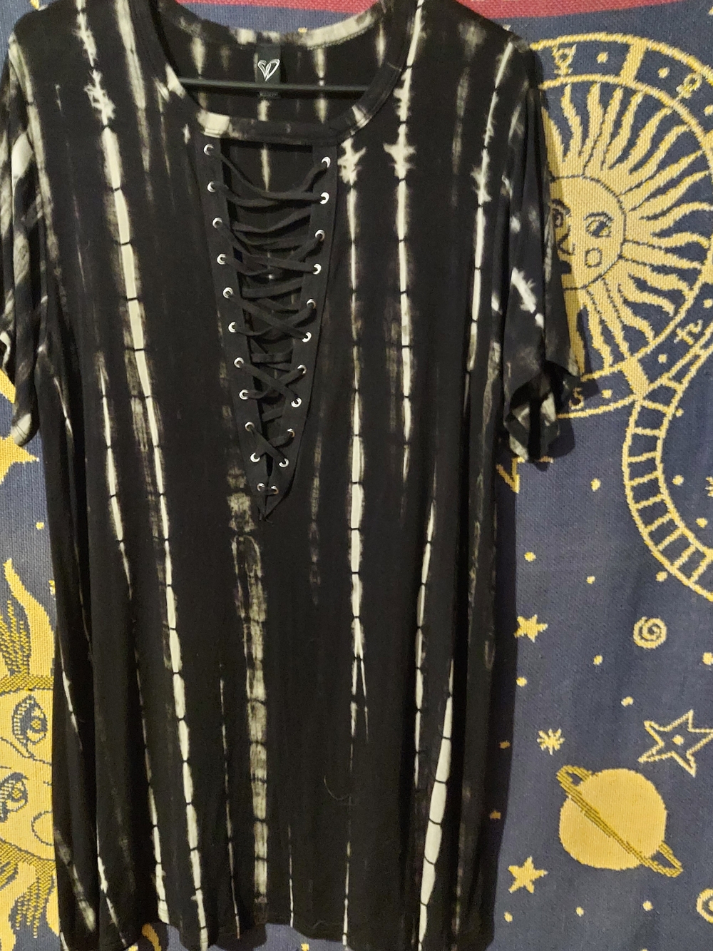 Lace-Up Tie-Dye V-Neck Dress - Black/Gray
